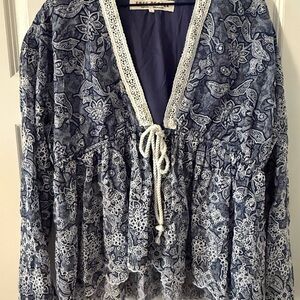 Free People Floral Lace Trim Blouse in Blue and White